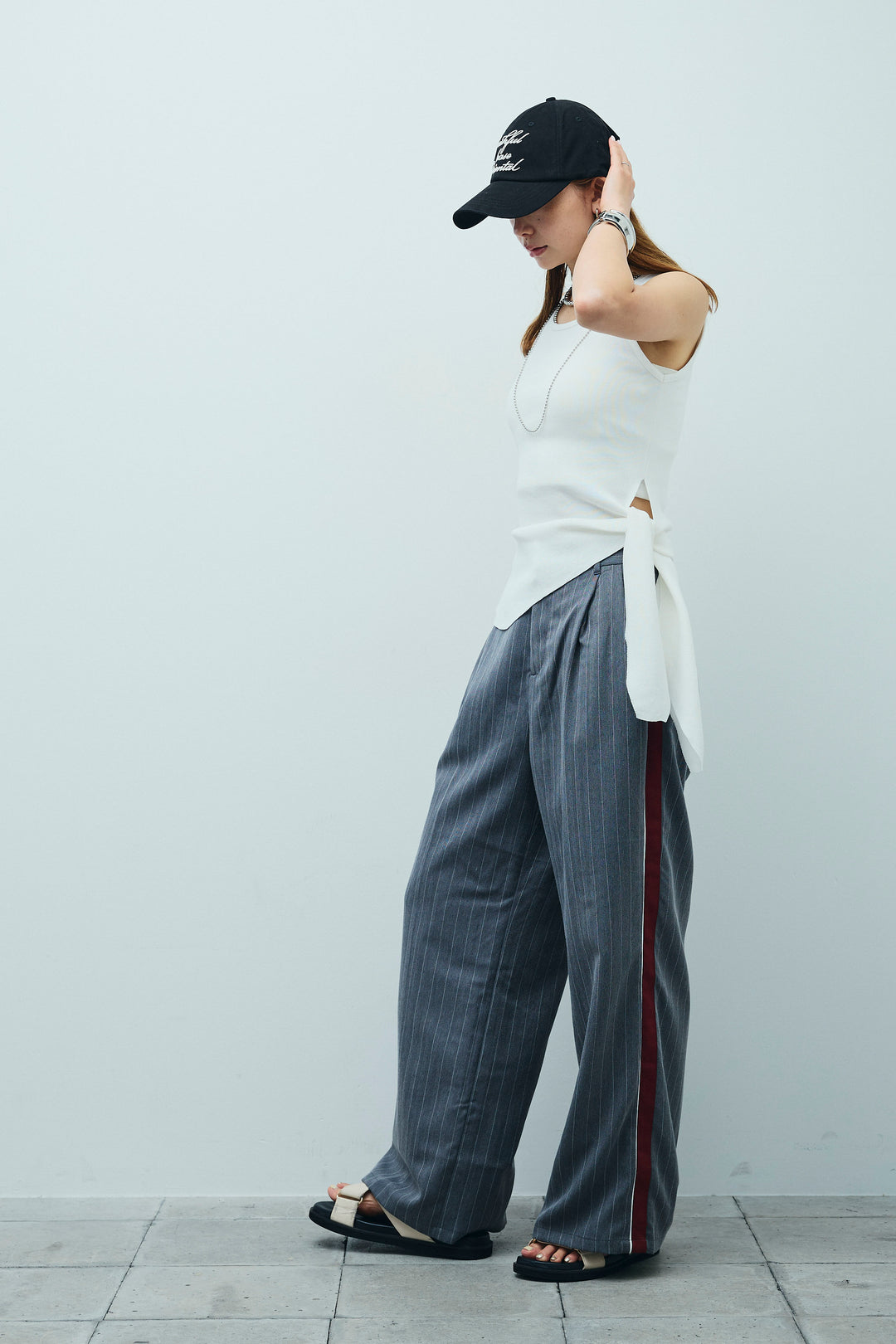 [予約/SET]サイドリボンニットタンク+ピンストライプサイドラインワイドパンツ(2set)