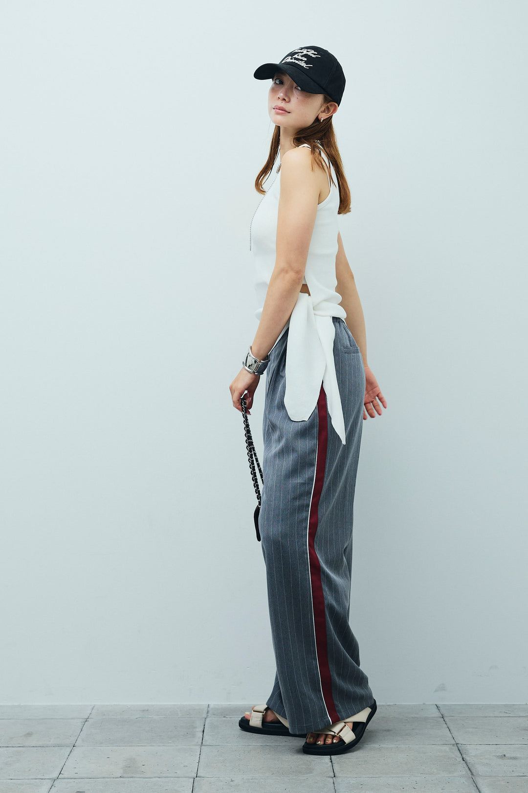 [予約/SET]サイドリボンニットタンク+ピンストライプサイドラインワイドパンツ(2set)