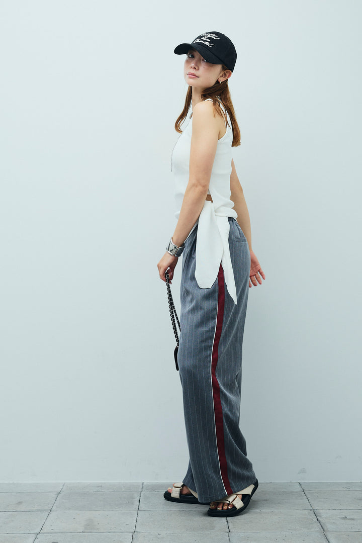 [予約/SET]サイドリボンニットタンク+ピンストライプサイドラインワイドパンツ(2set)