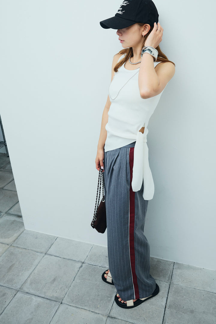 [予約/SET]サイドリボンニットタンク+ピンストライプサイドラインワイドパンツ(2set)