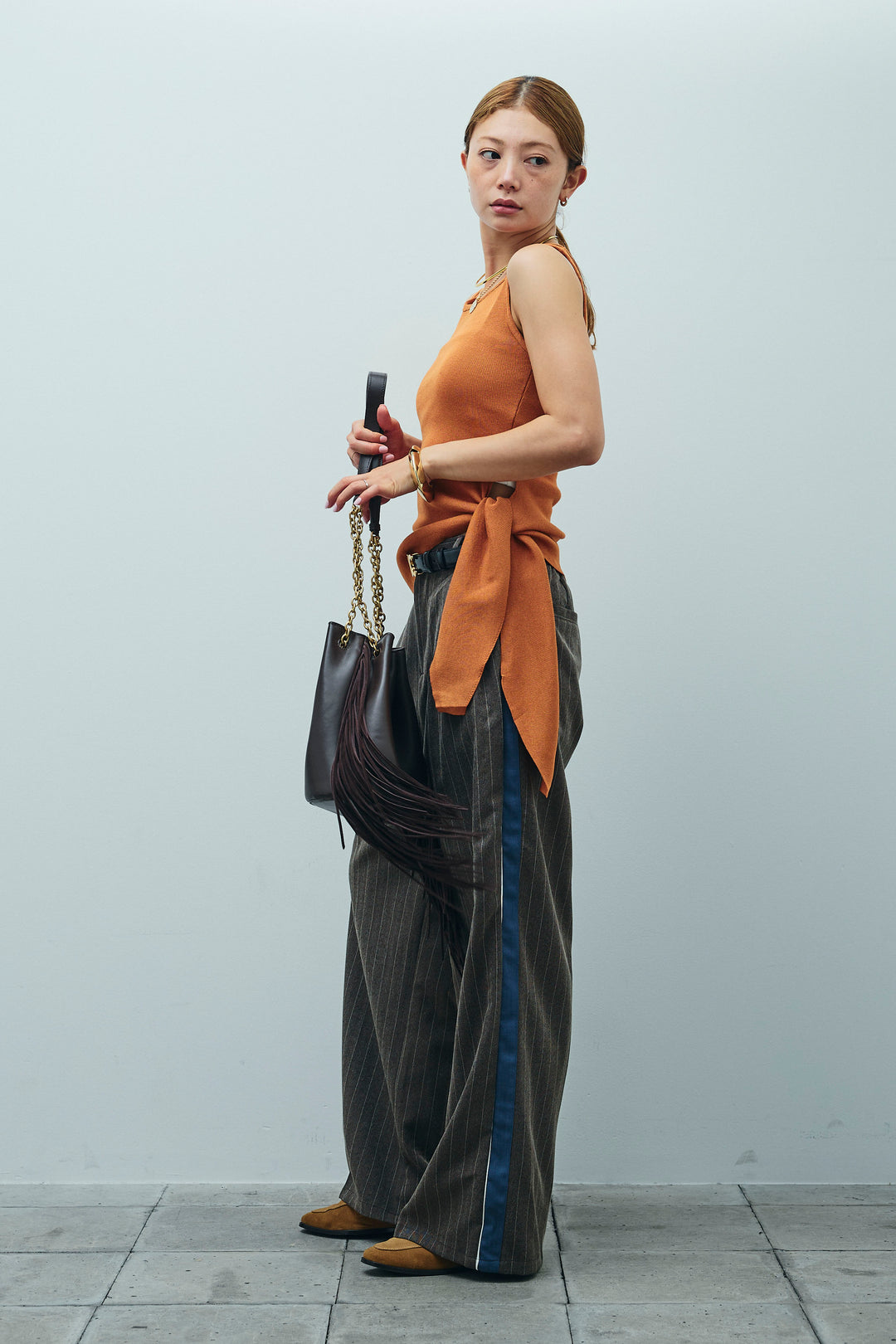 [予約/SET]サイドリボンニットタンク+ピンストライプサイドラインワイドパンツ(2set)