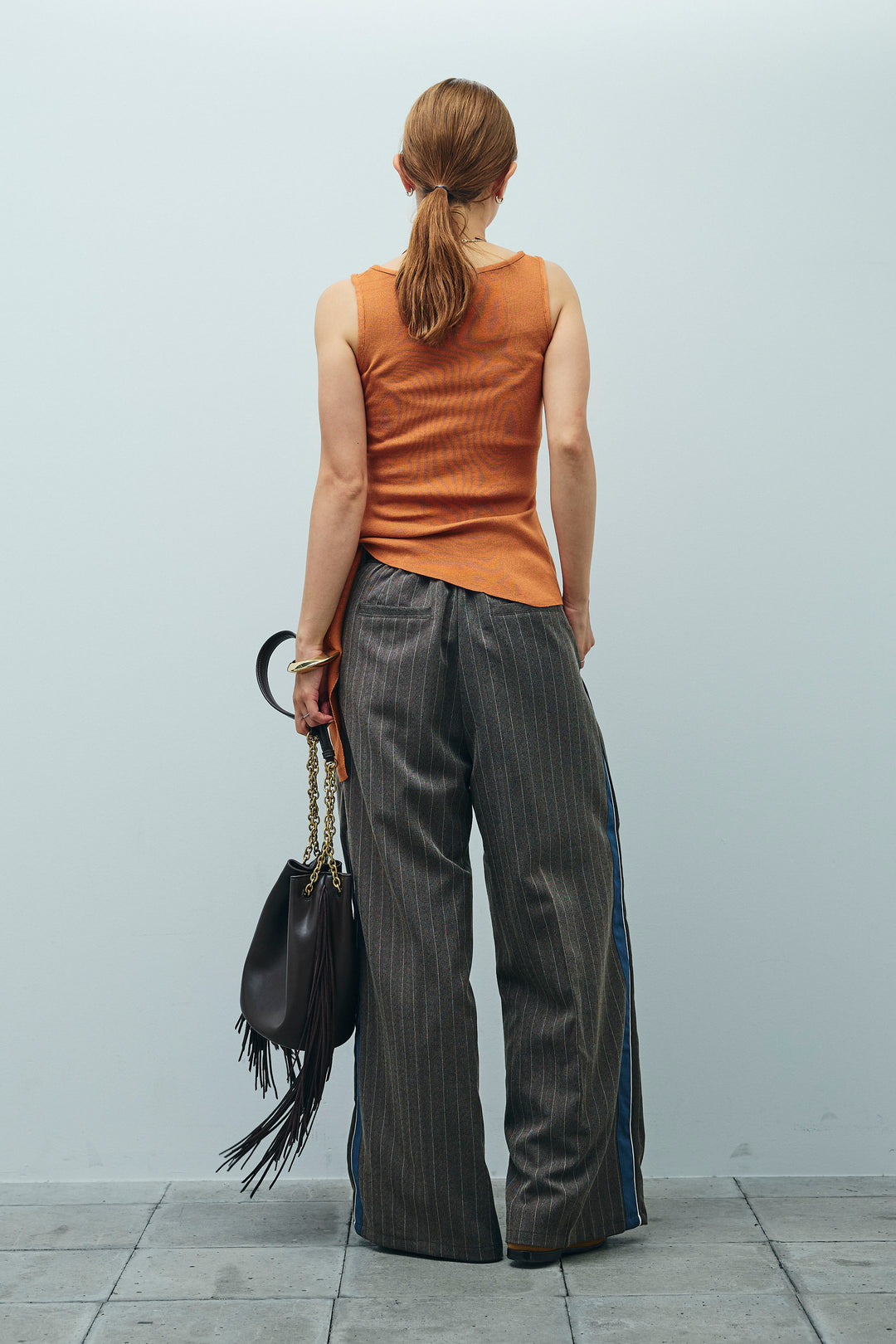 [予約/SET]サイドリボンニットタンク+ピンストライプサイドラインワイドパンツ(2set)