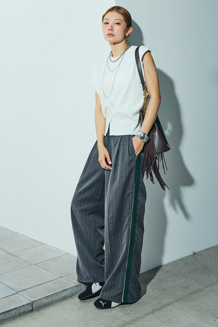 [予約/SET]ボクシーニットベスト+ピンストライプサイドラインワイドパンツ(2set)