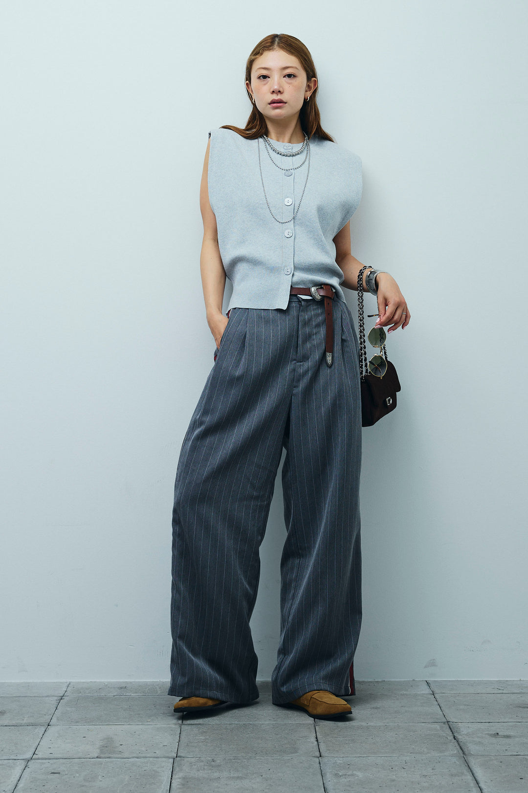 [予約/SET]ボクシーニットベスト+ピンストライプサイドラインワイドパンツ(2set)