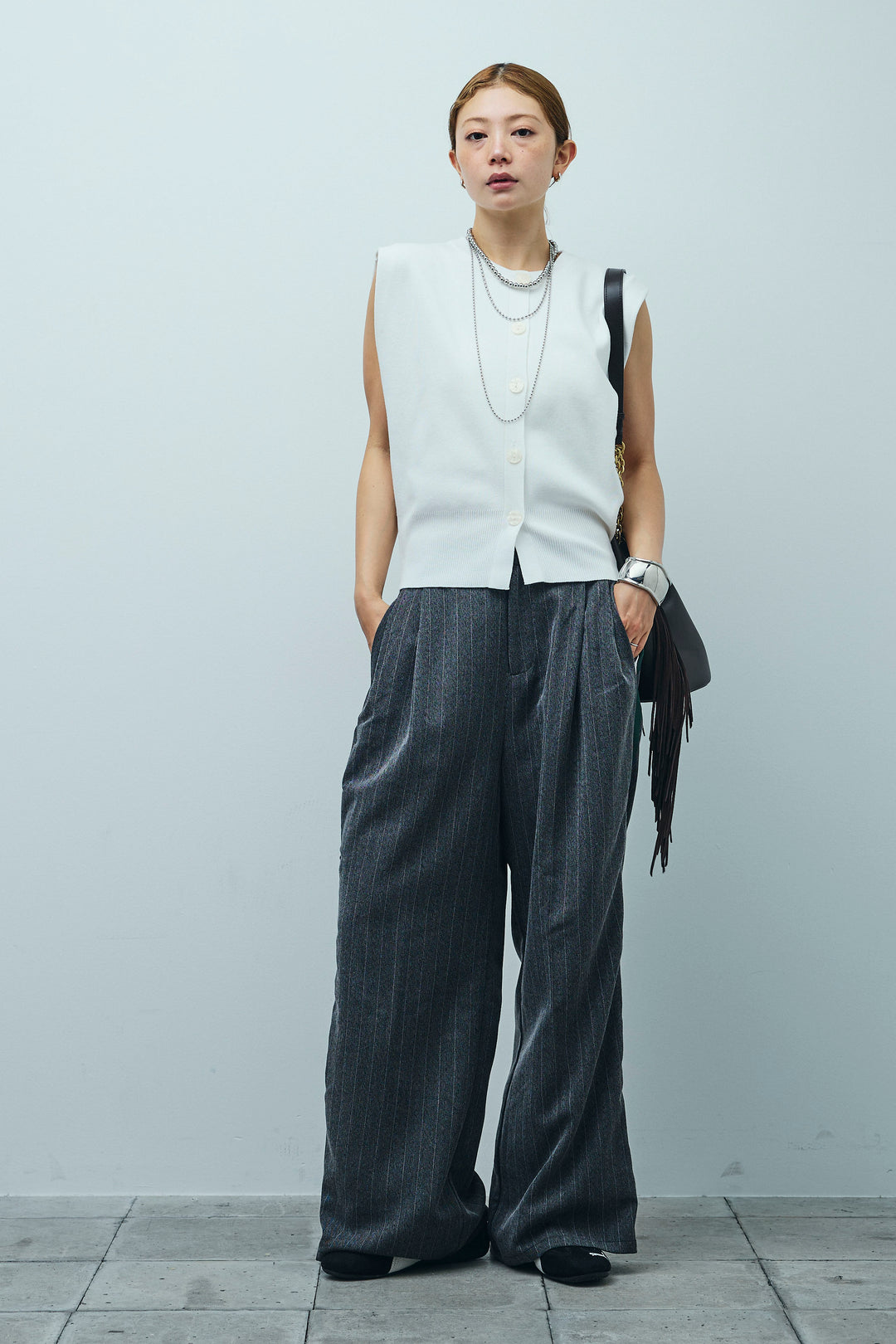 [予約/SET]ボクシーニットベスト+ピンストライプサイドラインワイドパンツ(2set)