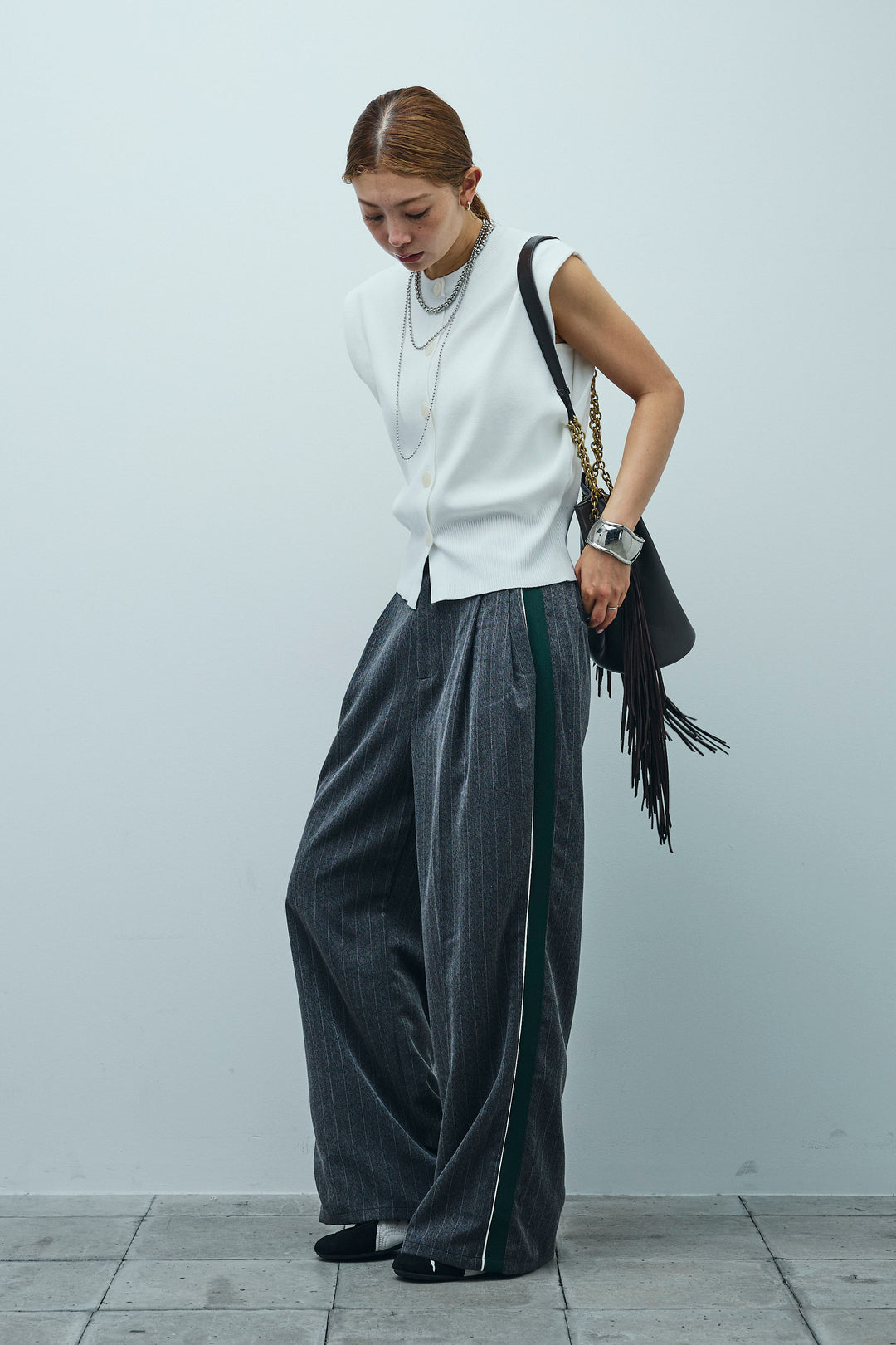 [予約/SET]ボクシーニットベスト+ピンストライプサイドラインワイドパンツ(2set)