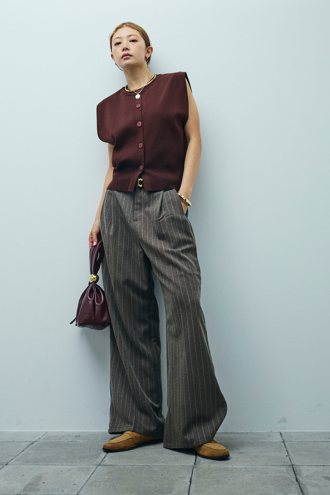 [予約/SET]ボクシーニットベスト+ピンストライプサイドラインワイドパンツ(2set)