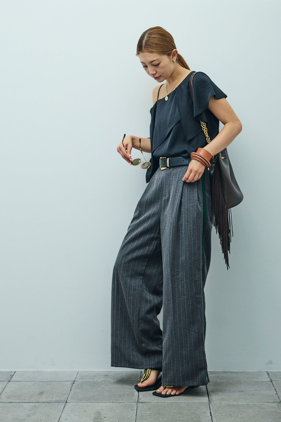 [予約/SET]アシメブラウス+ピンストライプサイドラインワイドパンツ(2set)