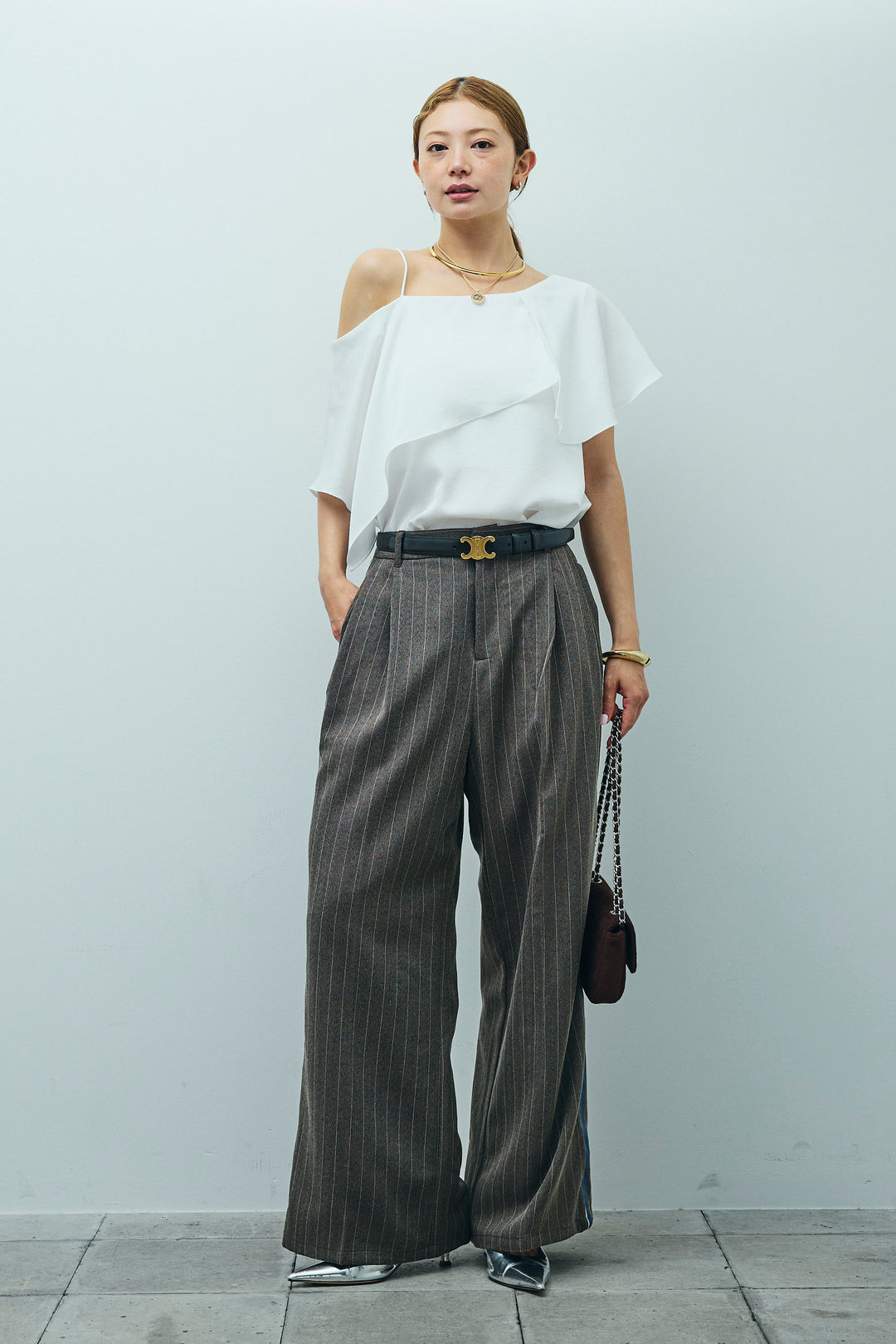 [予約/SET]アシメブラウス+ピンストライプサイドラインワイドパンツ(2set)