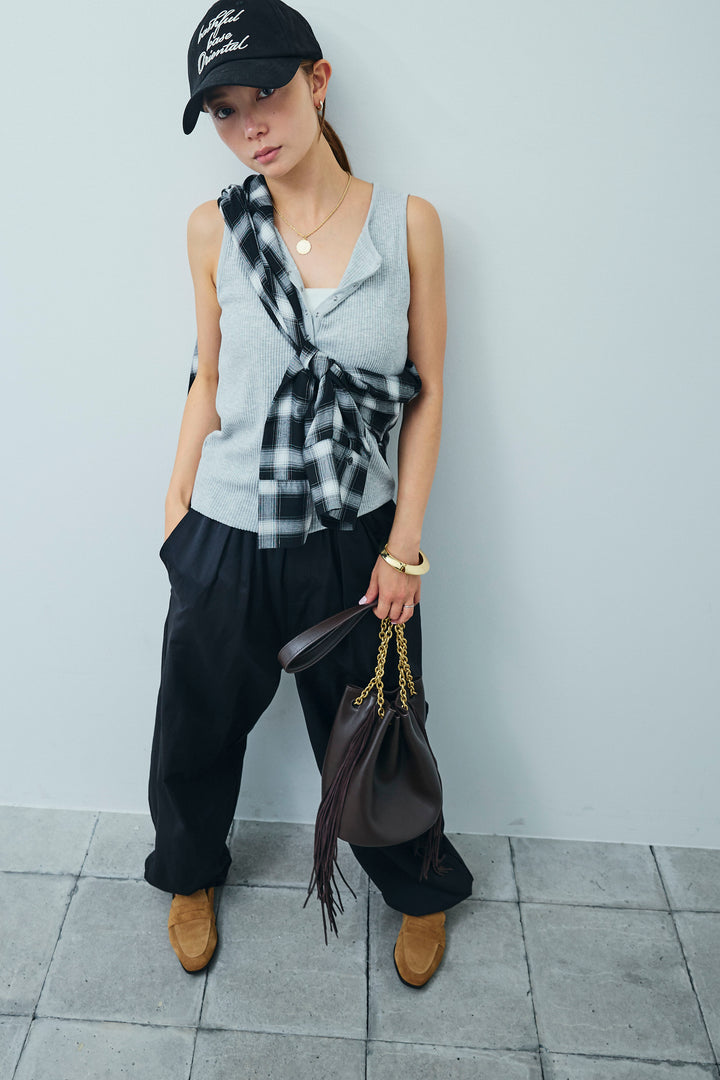 [予約/SET]セルフカットリブヘンリーネックノースリーブトップス+オンブレチェックオーバーとろみシャツ+裾ドロストナイロンパンツ(3set)