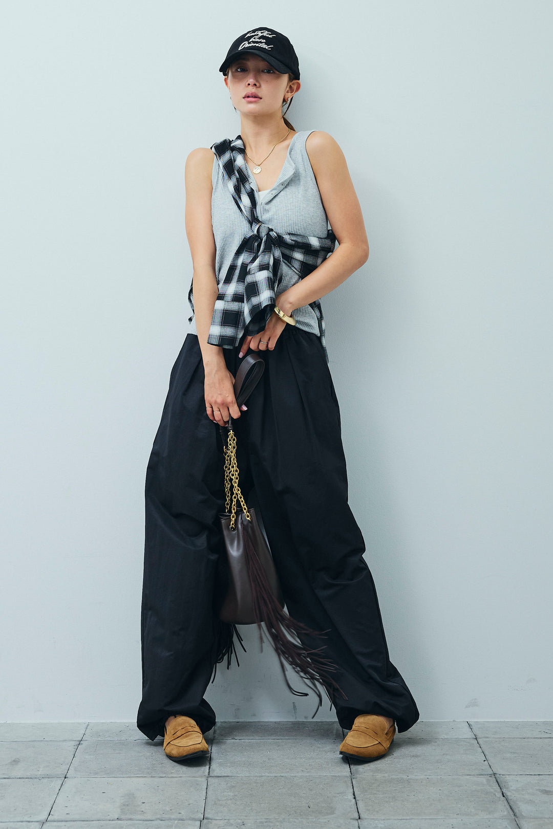 [予約/SET]セルフカットリブヘンリーネックノースリーブトップス+オンブレチェックオーバーとろみシャツ+裾ドロストナイロンパンツ(3set)