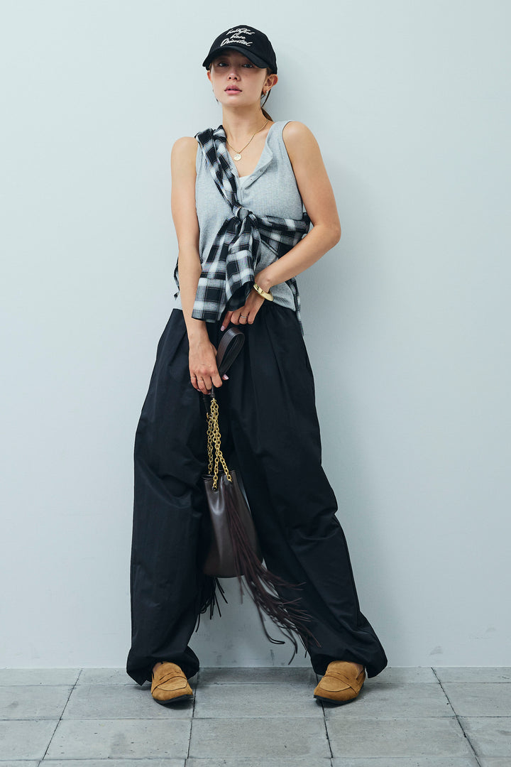 [予約/SET]セルフカットリブヘンリーネックノースリーブトップス+オンブレチェックオーバーとろみシャツ+裾ドロストナイロンパンツ(3set)