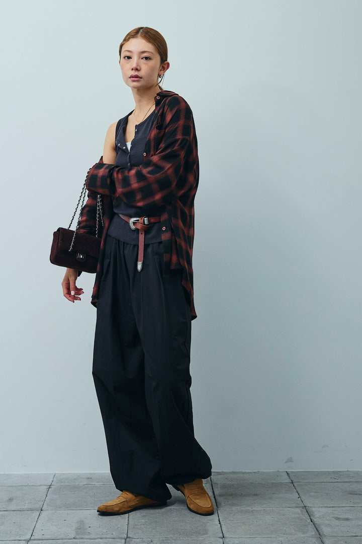 [予約/SET]セルフカットリブヘンリーネックノースリーブトップス+オンブレチェックオーバーとろみシャツ(2set)