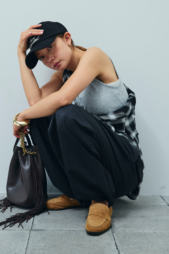 [予約/SET]セルフカットリブヘンリーネックノースリーブトップス+オンブレチェックオーバーとろみシャツ+裾ドロストナイロンパンツ(3set)