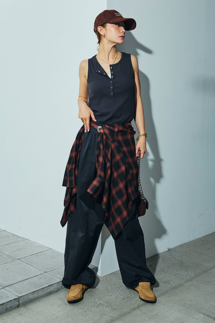 [予約/SET]セルフカットリブヘンリーネックノースリーブトップス+オンブレチェックオーバーとろみシャツ(2set)