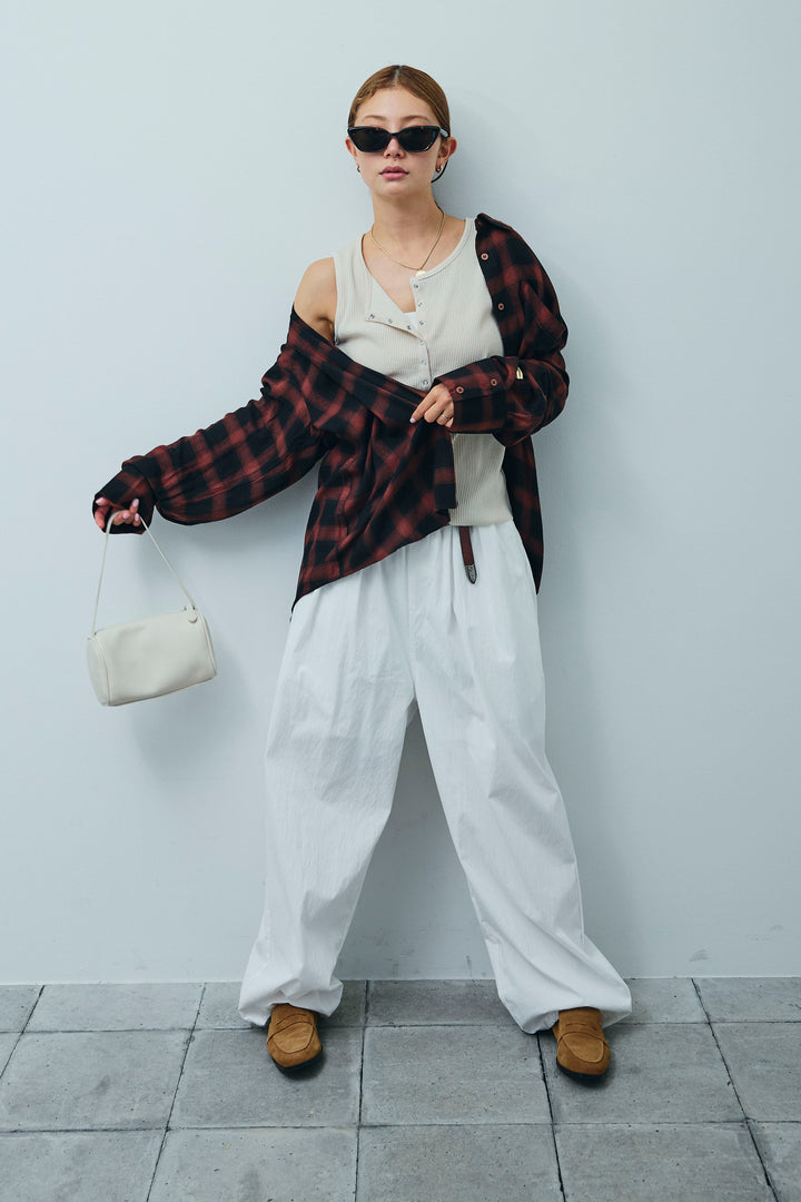 [予約/SET]セルフカットリブヘンリーネックノースリーブトップス+オンブレチェックオーバーとろみシャツ(2set)