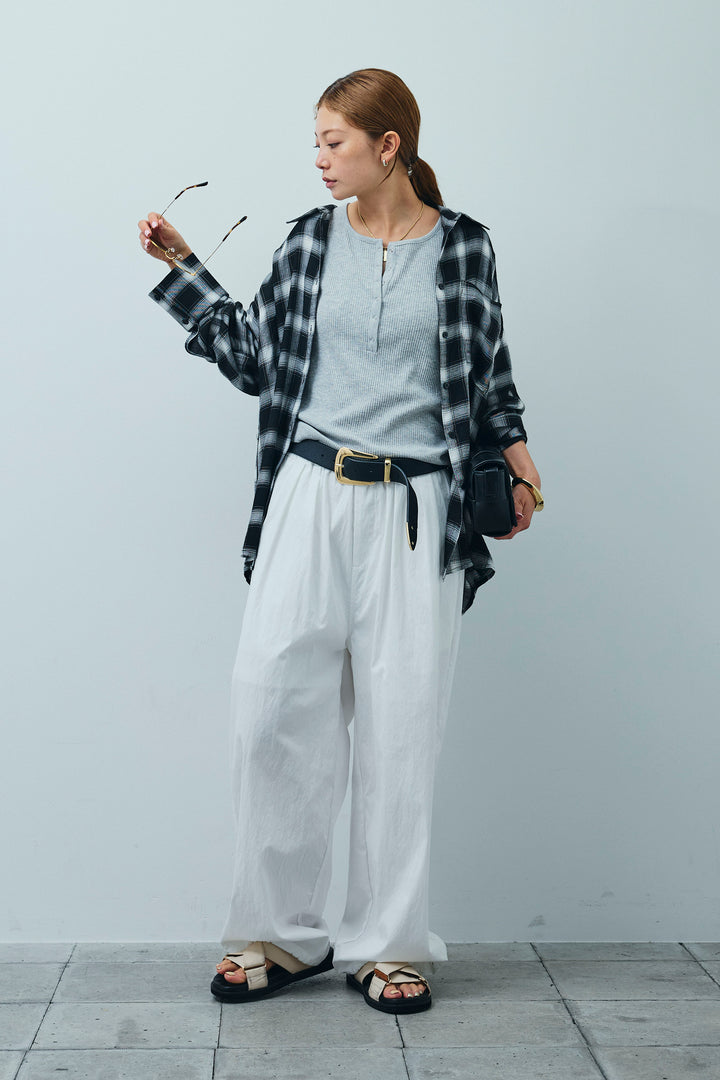 [予約/SET]セルフカットリブヘンリーネックノースリーブトップス+オンブレチェックオーバーとろみシャツ(2set)