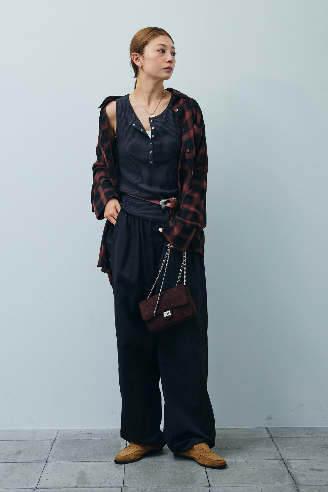 [予約/SET]セルフカットリブヘンリーネックノースリーブトップス+オンブレチェックオーバーとろみシャツ(2set)