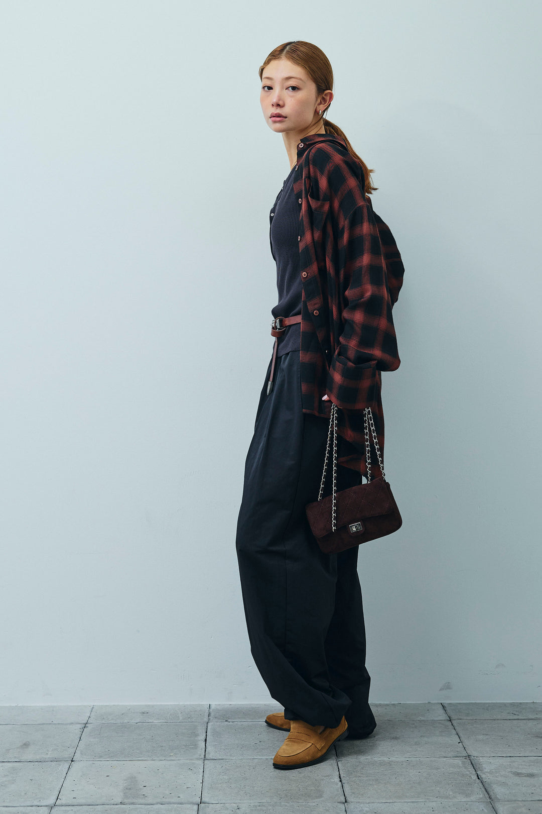 [予約/SET]セルフカットリブヘンリーネックノースリーブトップス+オンブレチェックオーバーとろみシャツ+裾ドロストナイロンパンツ(3set)