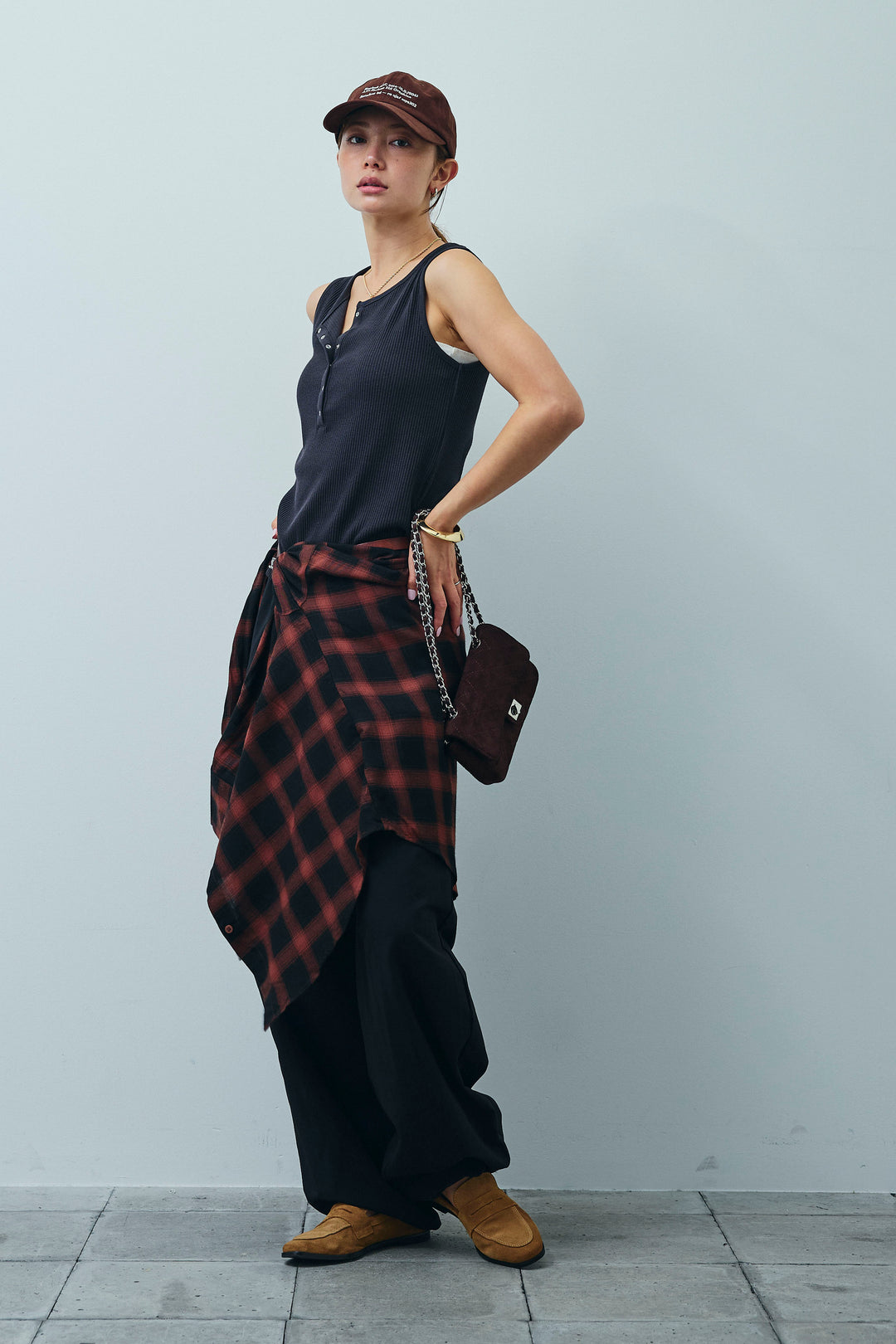 [予約/SET]セルフカットリブヘンリーネックノースリーブトップス+オンブレチェックオーバーとろみシャツ(2set)