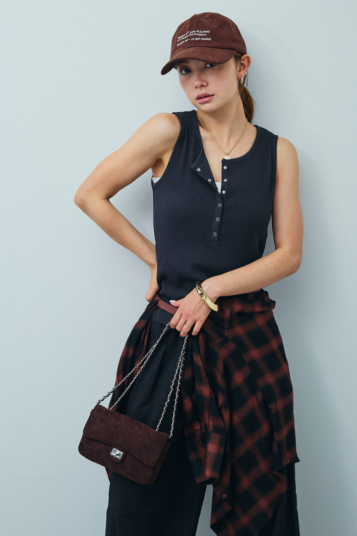 [予約/SET]セルフカットリブヘンリーネックノースリーブトップス+オンブレチェックオーバーとろみシャツ(2set)