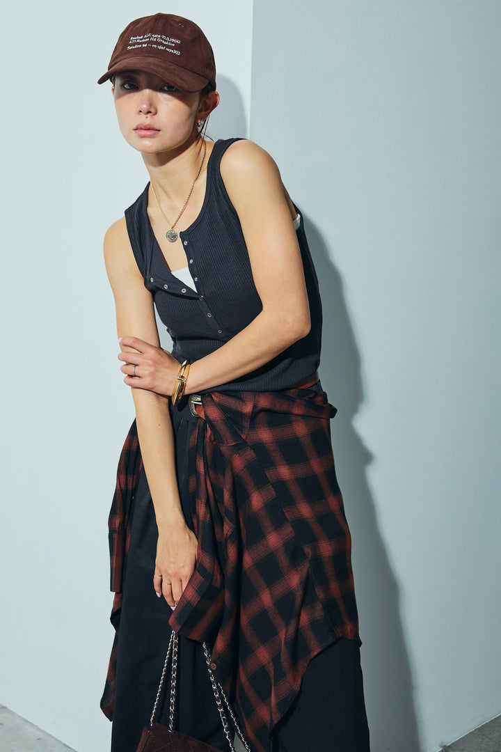 [予約/SET]セルフカットリブヘンリーネックノースリーブトップス+オンブレチェックオーバーとろみシャツ+裾ドロストナイロンパンツ(3set)