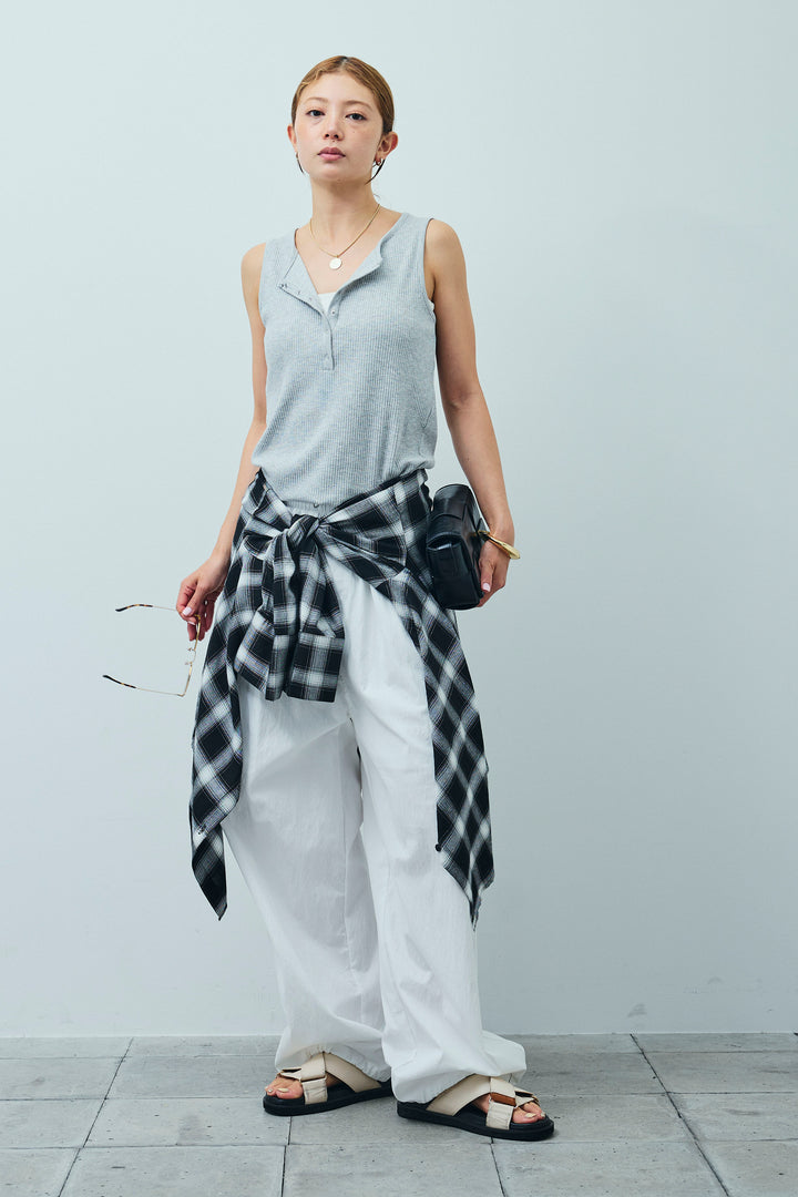 [予約/SET]セルフカットリブヘンリーネックノースリーブトップス+オンブレチェックオーバーとろみシャツ+裾ドロストナイロンパンツ(3set)