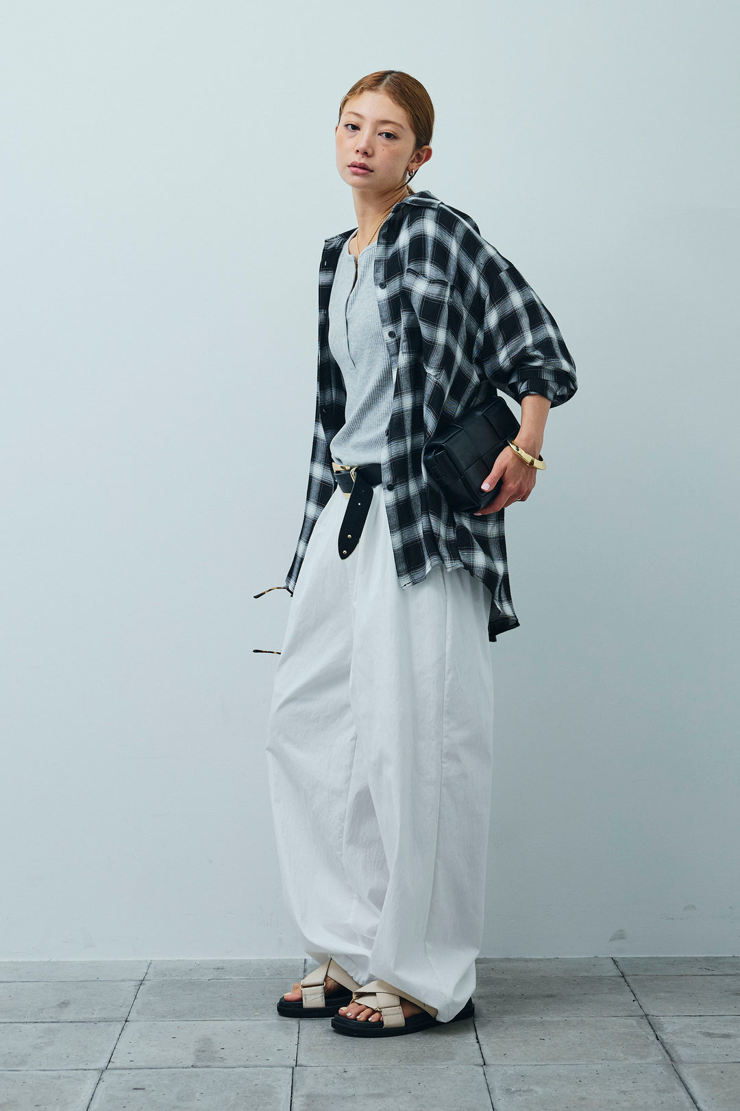 [予約/SET]セルフカットリブヘンリーネックノースリーブトップス+オンブレチェックオーバーとろみシャツ(2set)