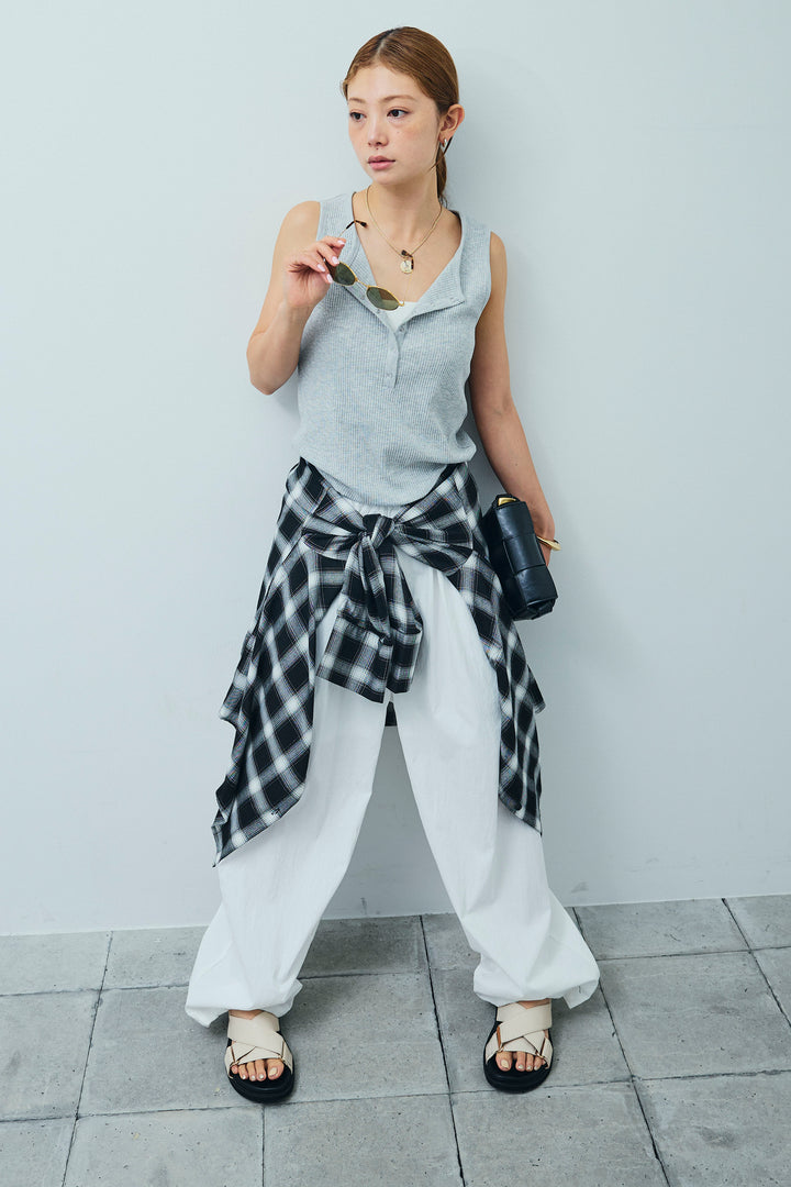 [予約/SET]セルフカットリブヘンリーネックノースリーブトップス+オンブレチェックオーバーとろみシャツ+裾ドロストナイロンパンツ(3set)