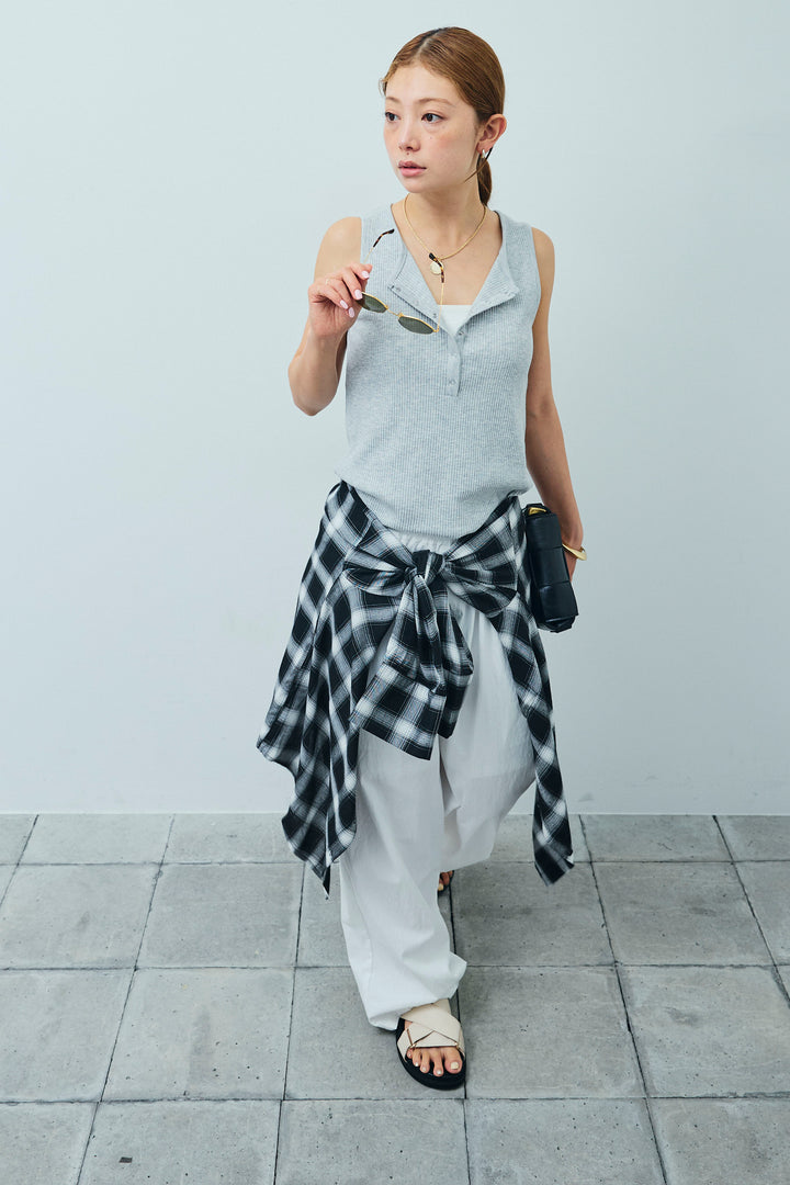 [予約/SET]セルフカットリブヘンリーネックノースリーブトップス+オンブレチェックオーバーとろみシャツ+裾ドロストナイロンパンツ(3set)