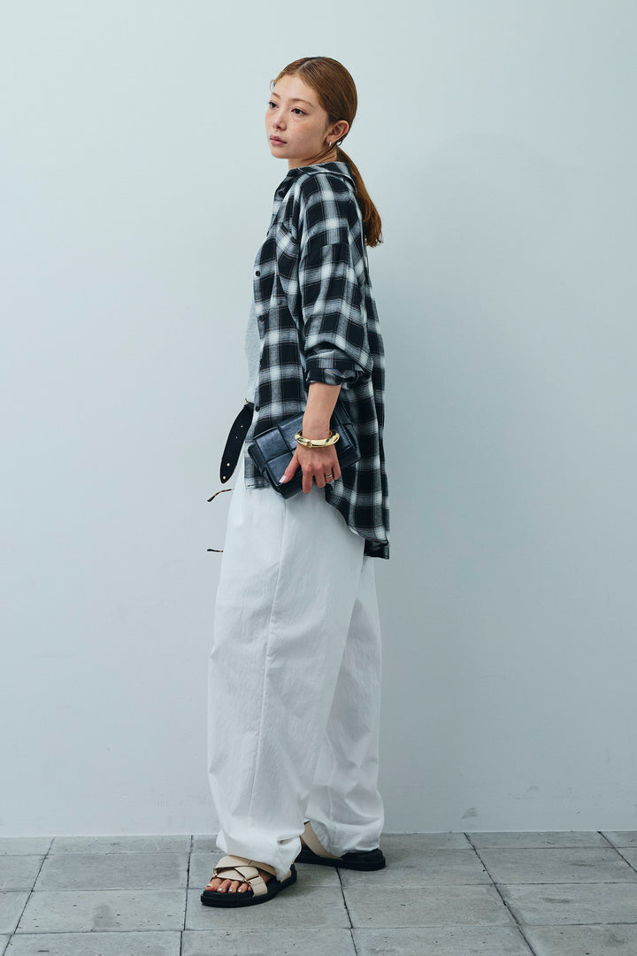[予約/SET]セルフカットリブヘンリーネックノースリーブトップス+オンブレチェックオーバーとろみシャツ+裾ドロストナイロンパンツ(3set)