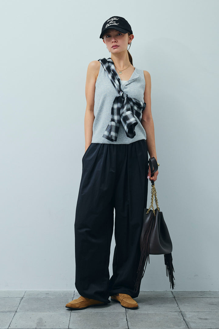 [予約/SET]セルフカットリブヘンリーネックノースリーブトップス+オンブレチェックオーバーとろみシャツ+裾ドロストナイロンパンツ(3set)