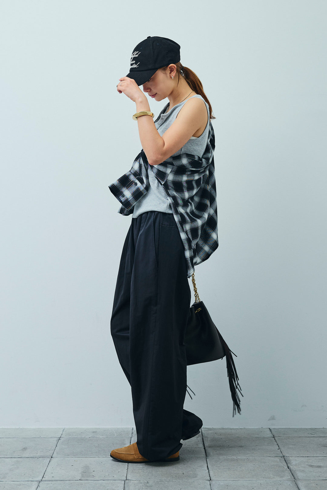 [予約/SET]セルフカットリブヘンリーネックノースリーブトップス+オンブレチェックオーバーとろみシャツ+裾ドロストナイロンパンツ(3set)