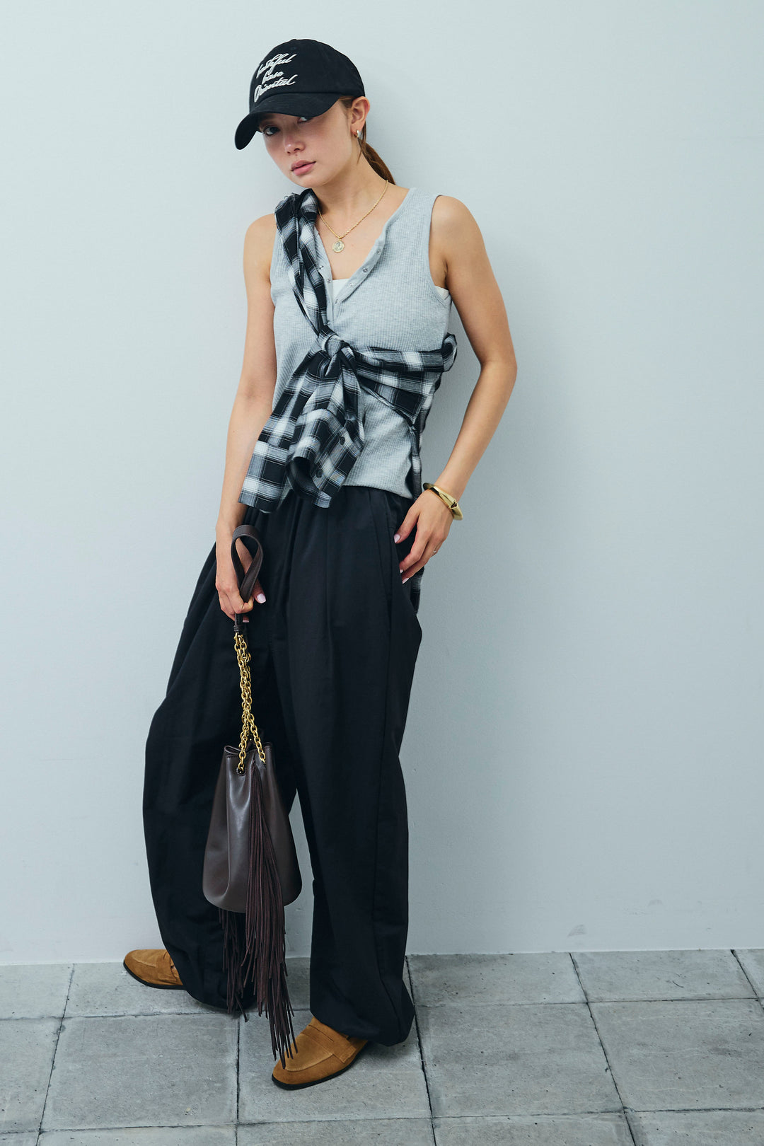 [予約/SET]セルフカットリブヘンリーネックノースリーブトップス+オンブレチェックオーバーとろみシャツ+裾ドロストナイロンパンツ(3set)