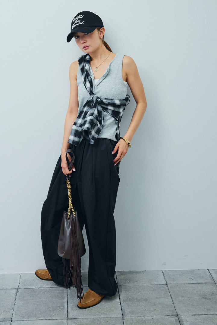 [予約/SET]セルフカットリブヘンリーネックノースリーブトップス+オンブレチェックオーバーとろみシャツ(2set)