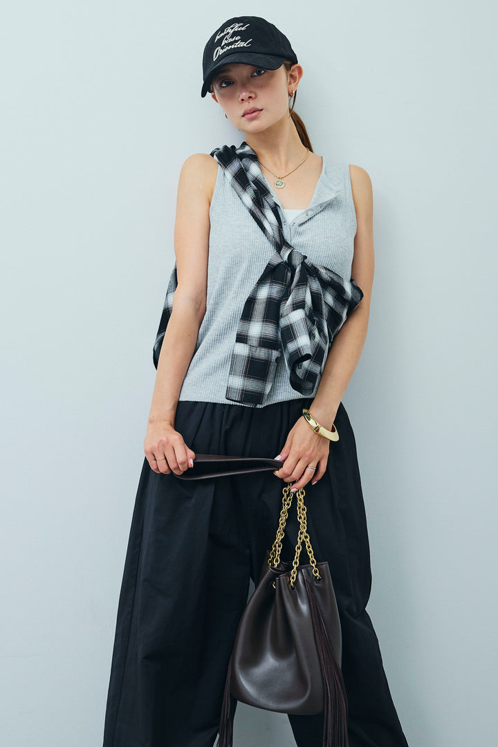 [予約]セルフカットリブヘンリーネックノースリーブトップス