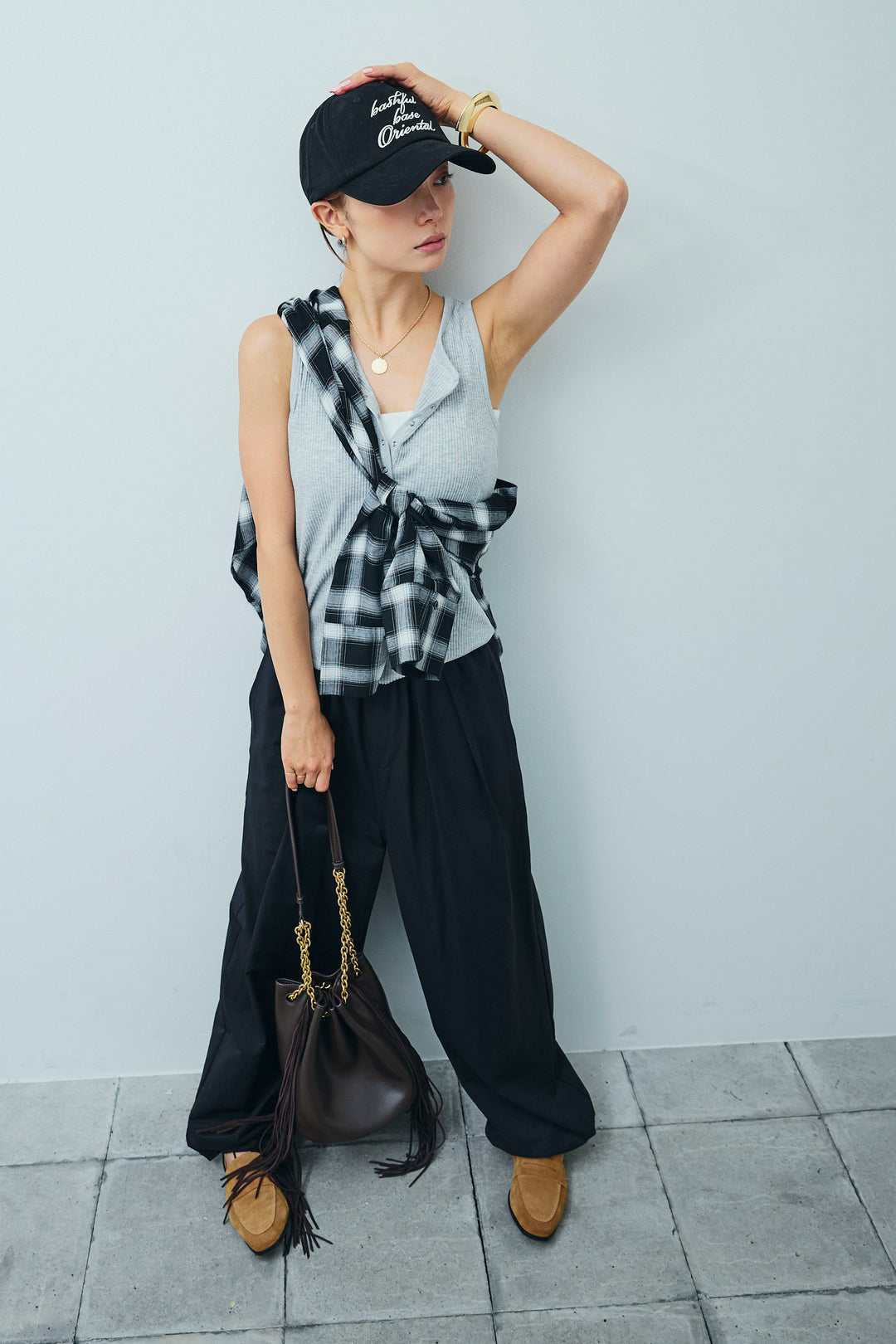 [予約/SET]セルフカットリブヘンリーネックノースリーブトップス+オンブレチェックオーバーとろみシャツ(2set)