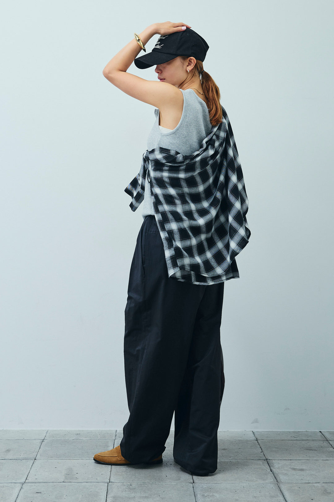 [予約/SET]セルフカットリブヘンリーネックノースリーブトップス+オンブレチェックオーバーとろみシャツ+裾ドロストナイロンパンツ(3set)