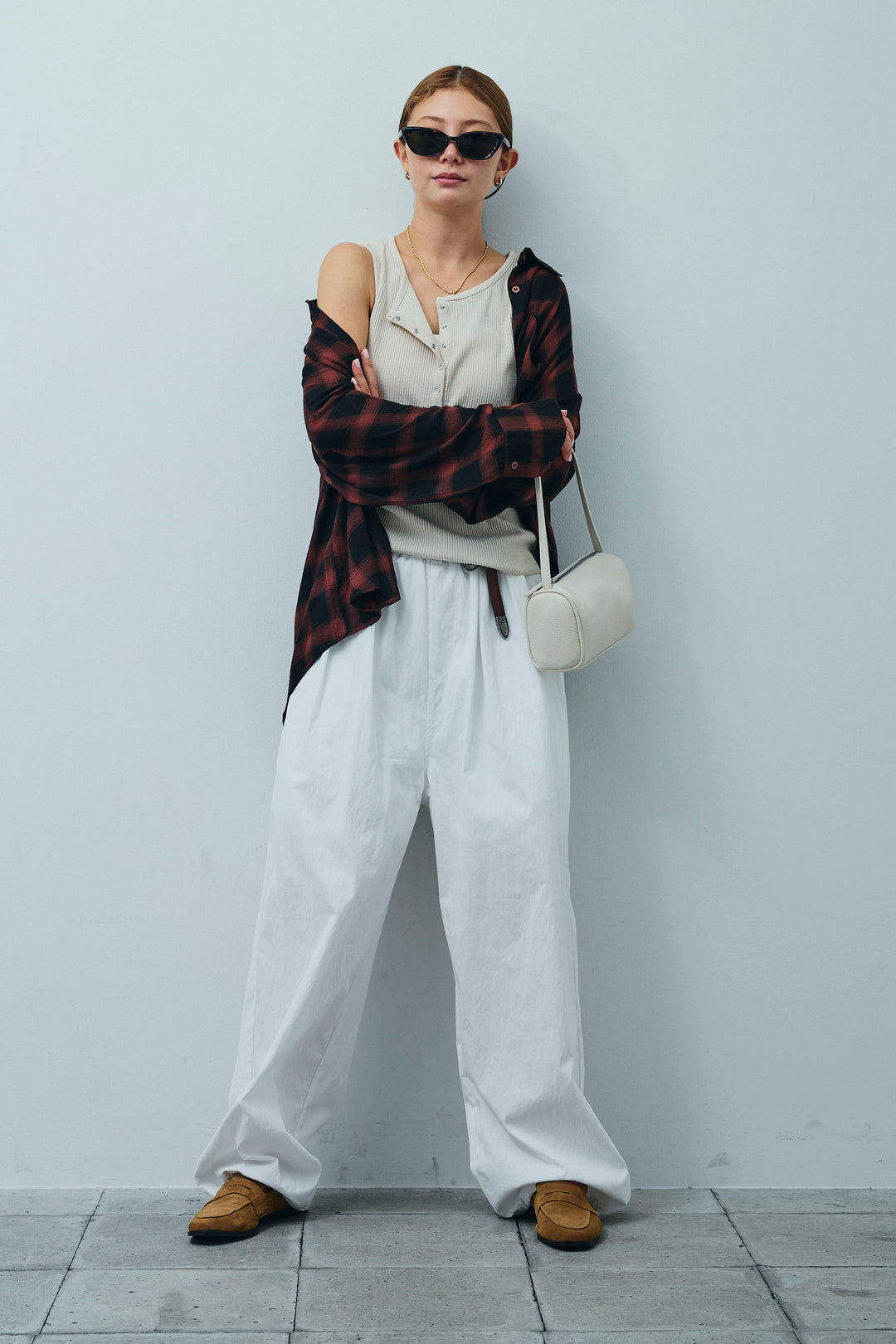 [予約/SET]セルフカットリブヘンリーネックノースリーブトップス+オンブレチェックオーバーとろみシャツ(2set)