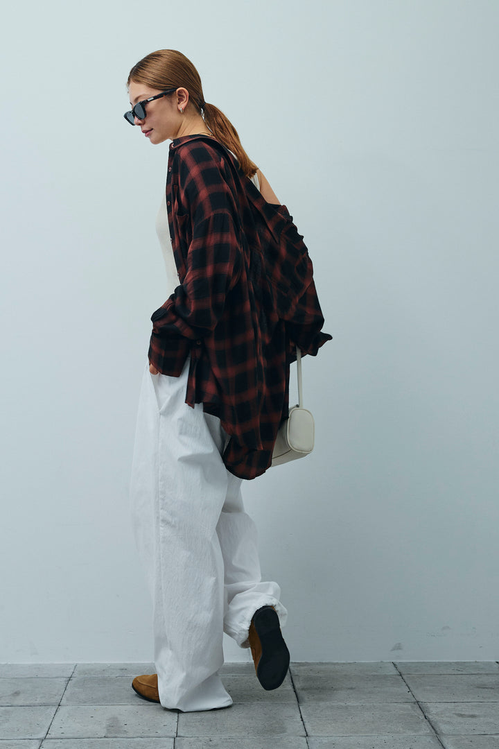 [予約/SET]セルフカットリブヘンリーネックノースリーブトップス+オンブレチェックオーバーとろみシャツ(2set)