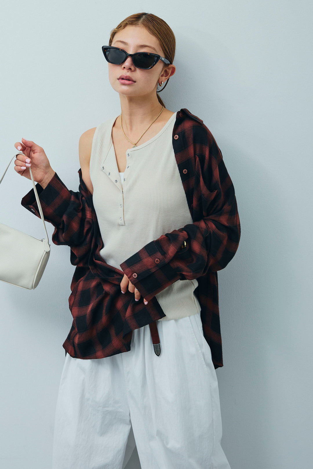 [予約/SET]セルフカットリブヘンリーネックノースリーブトップス+オンブレチェックオーバーとろみシャツ(2set)