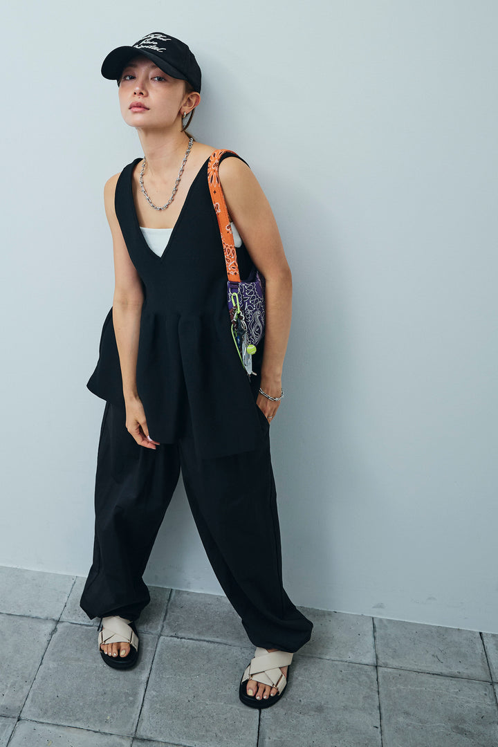 [予約/SET]2wayぺプラムニットトップス+裾ドロストナイロンパンツ(2set)