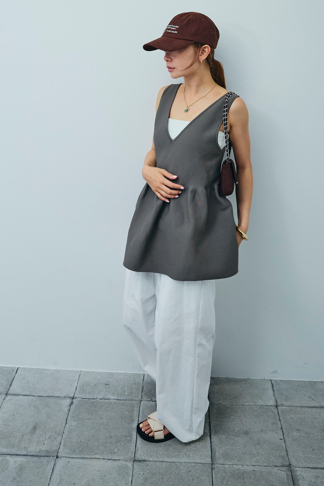 [予約/SET]2wayぺプラムニットトップス+裾ドロストナイロンパンツ(2set)