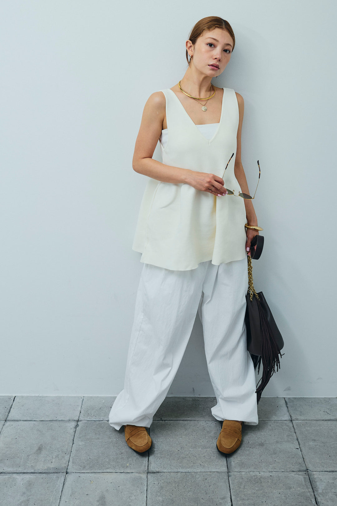 [予約/SET]2wayぺプラムニットトップス+裾ドロストナイロンパンツ(2set)