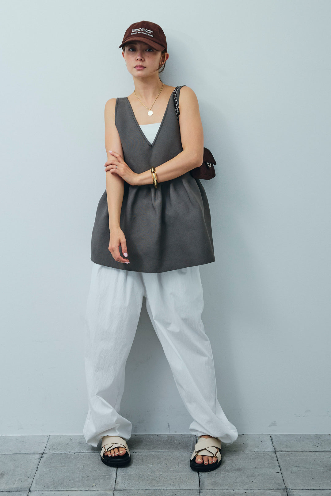 [予約/SET]2wayぺプラムニットトップス+裾ドロストナイロンパンツ(2set)