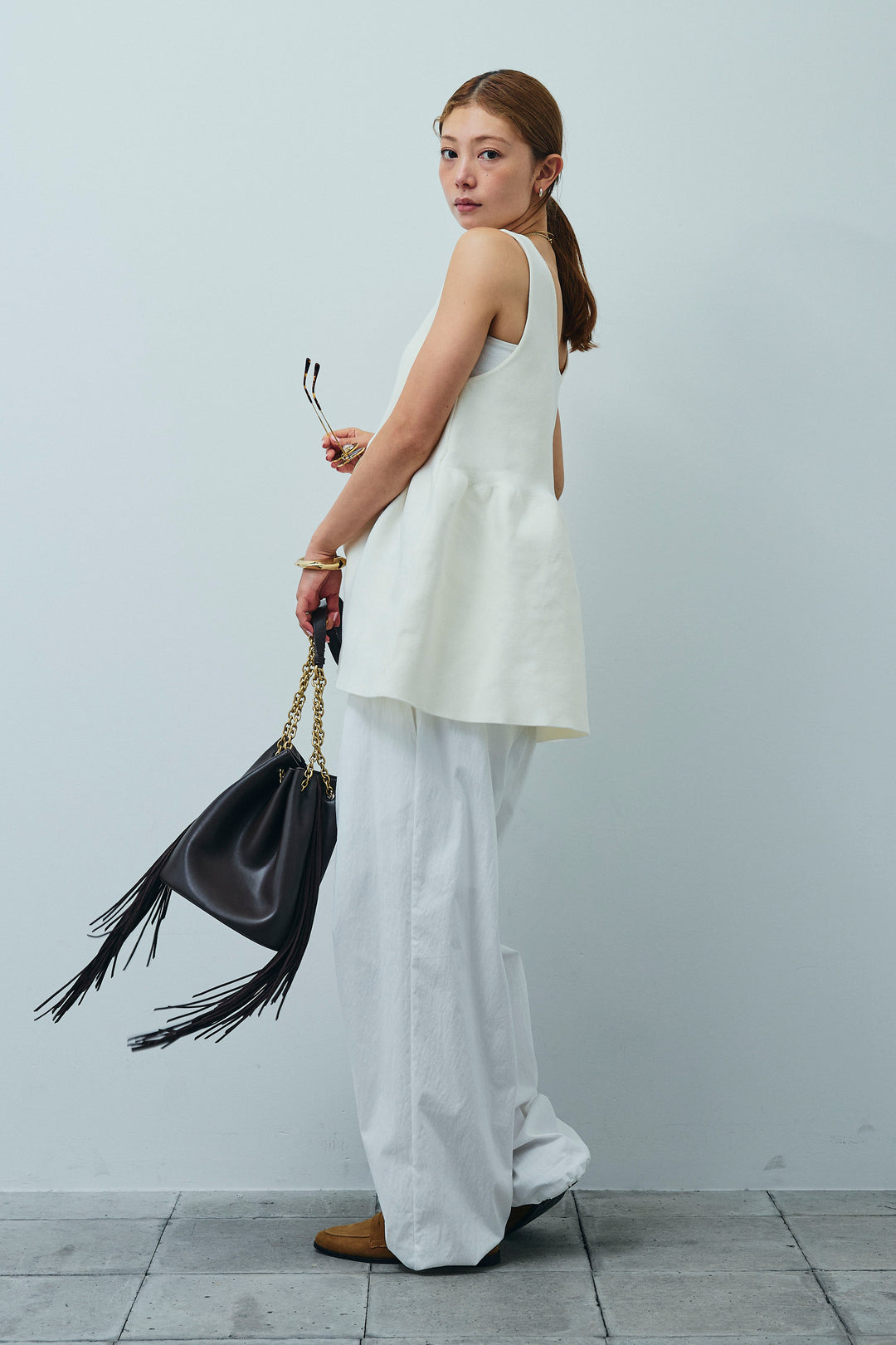 [予約/SET]2wayぺプラムニットトップス+裾ドロストナイロンパンツ(2set)