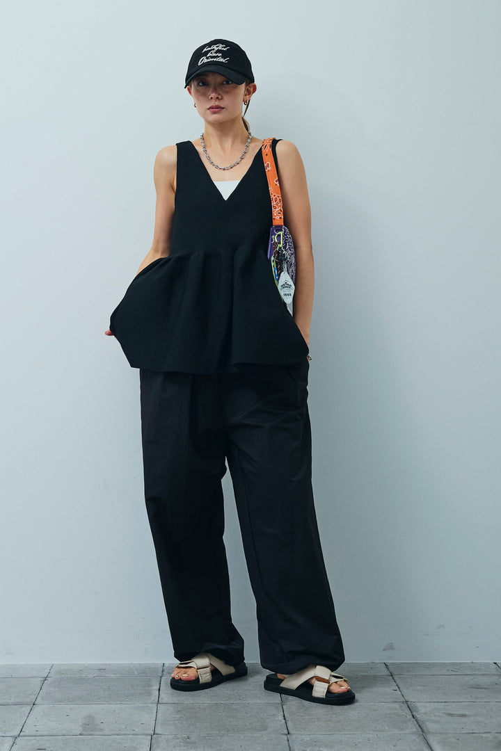 [予約/SET]2wayぺプラムニットトップス+裾ドロストナイロンパンツ(2set)