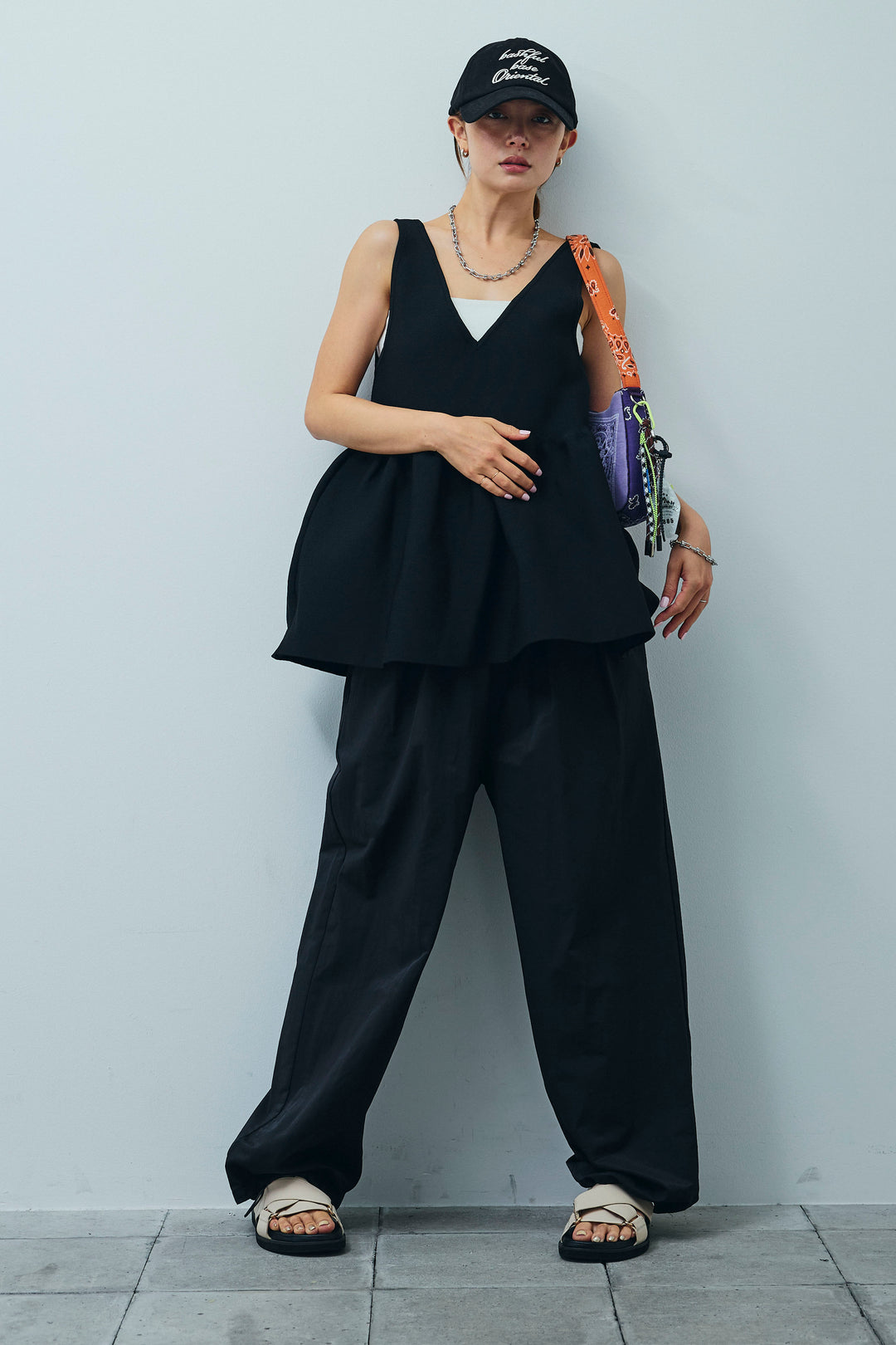 [予約/SET]2wayぺプラムニットトップス+裾ドロストナイロンパンツ(2set)