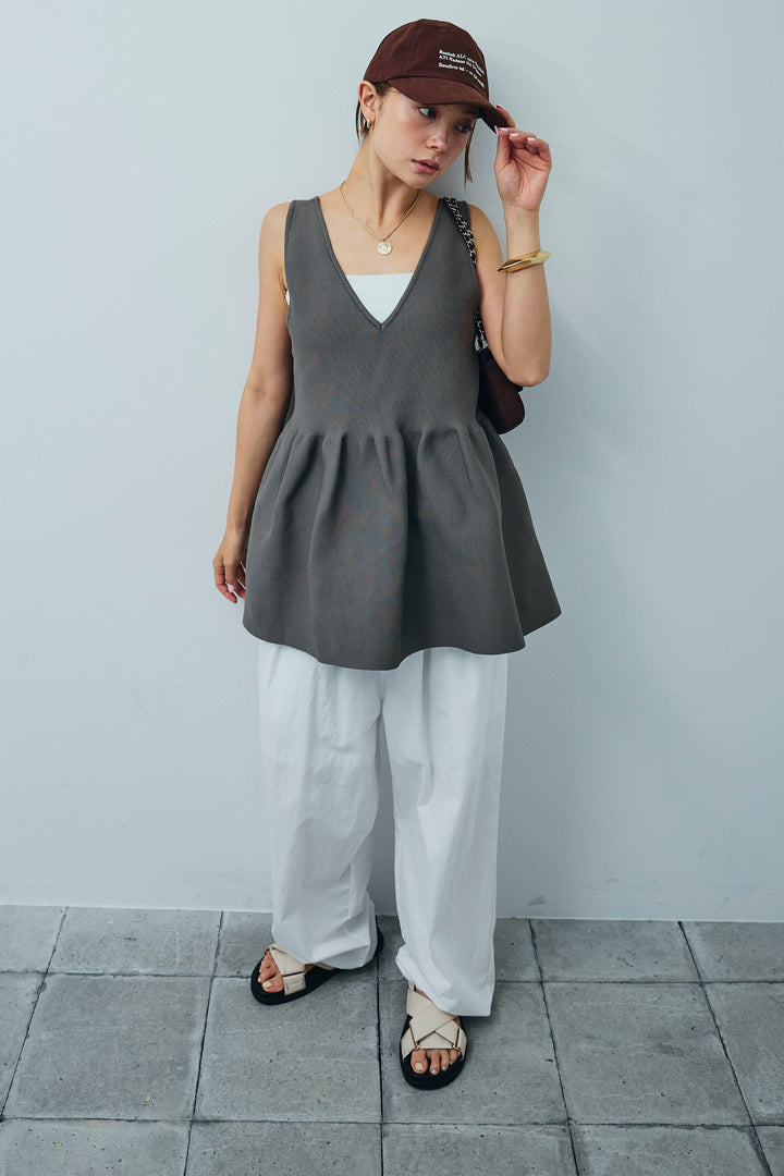 [予約/SET]2wayぺプラムニットトップス+裾ドロストナイロンパンツ(2set)