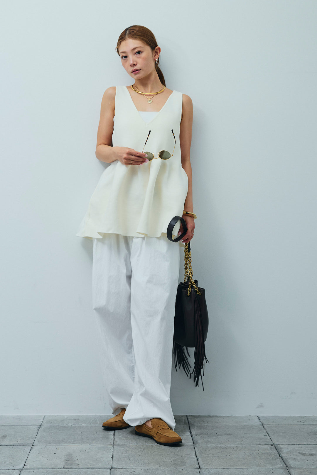 [予約/SET]2wayぺプラムニットトップス+裾ドロストナイロンパンツ(2set)